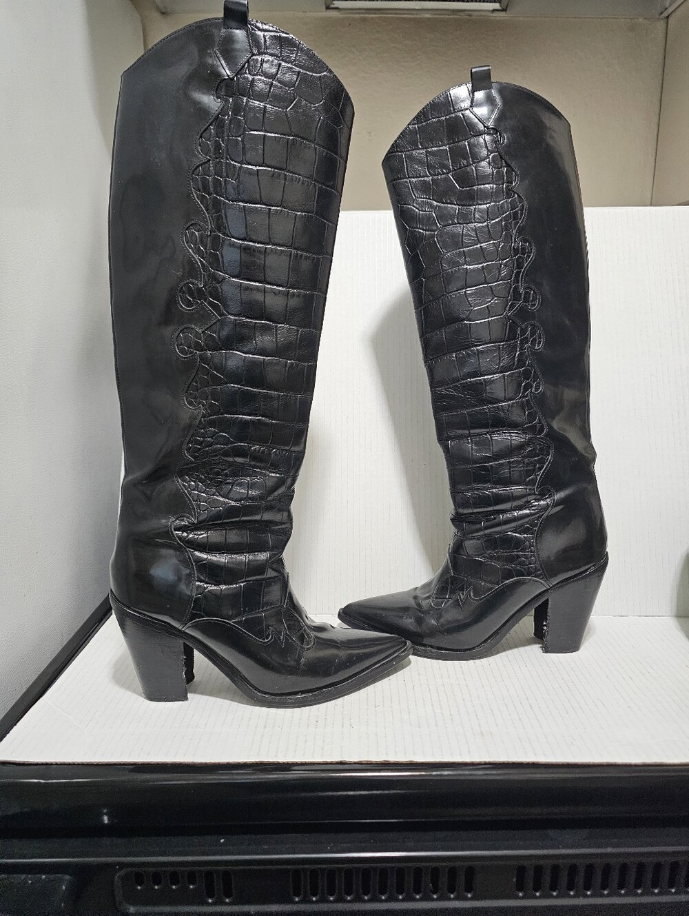 Sigerson Morrison Black Croc Embossed Leather Knee High Cowboy Boots 38.5